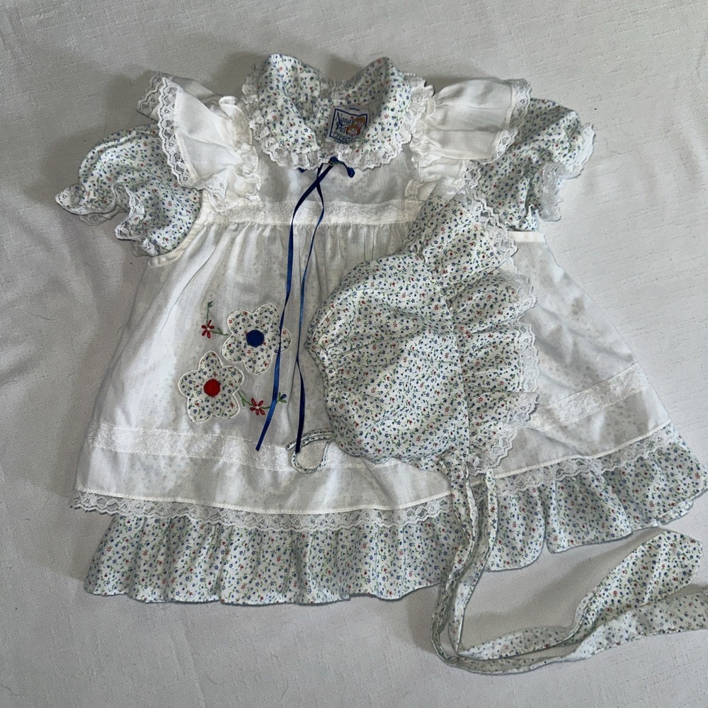 Vtg Nana's Pet Baby Girl 12 Months Floral Party Dress Pinafore Bonnet JCPenney